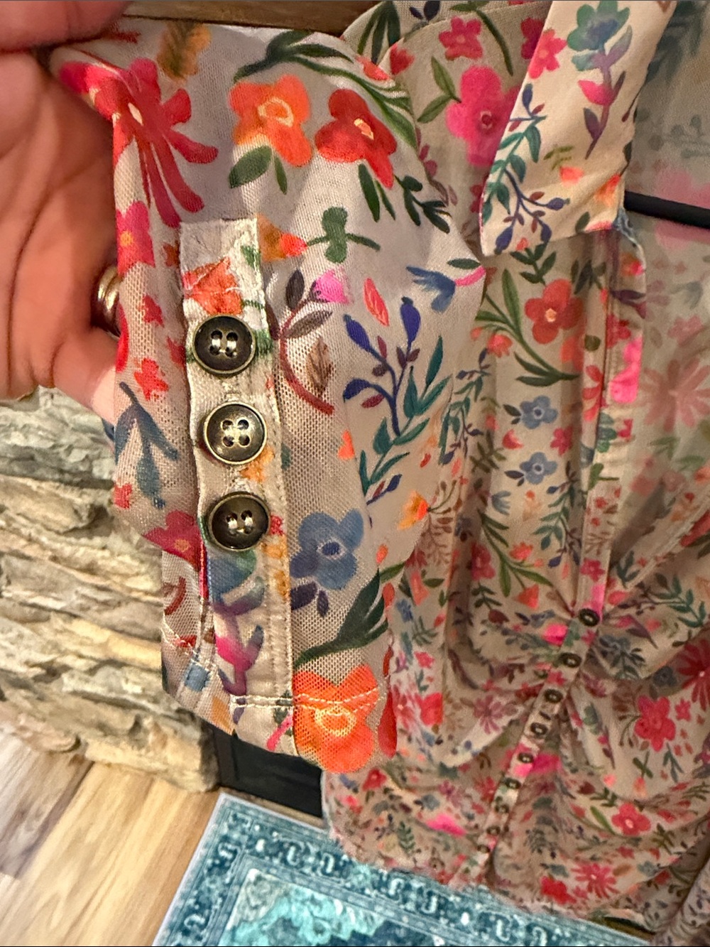 Natural Life Floral Button-Front Long Sleeve Top - Pink Multicolor - Picture 5 of 7